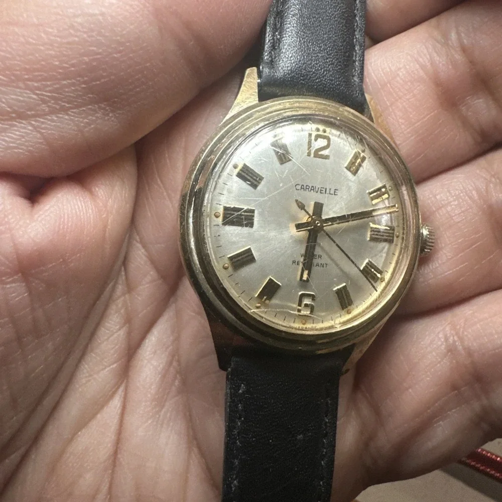Works VTG 1970s Caravelle N1 Gold‎ Tone Mens Manual Wind 32mm Fit 7in Black Runs